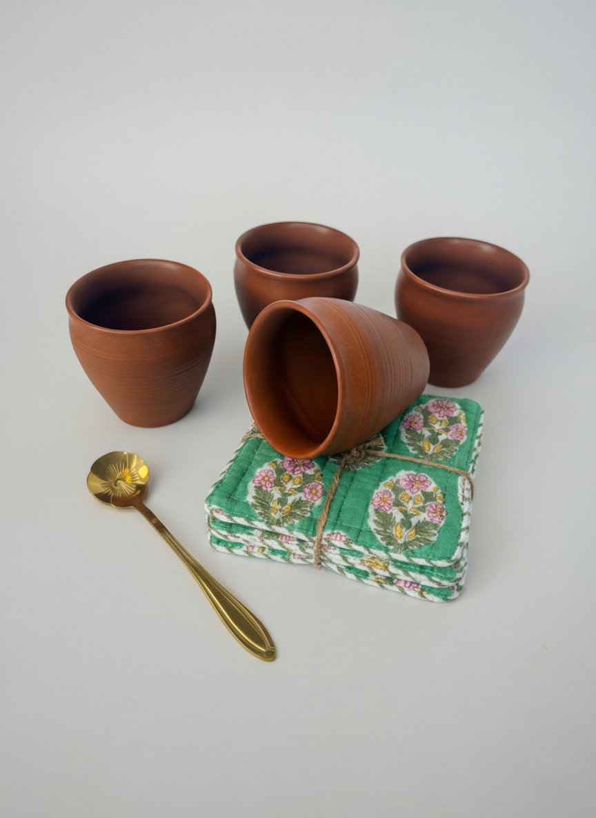 The Khulad Set with Emerald Blossom coasters: four clay Khulad cups on the coaster stack, with a brass stirring spoon