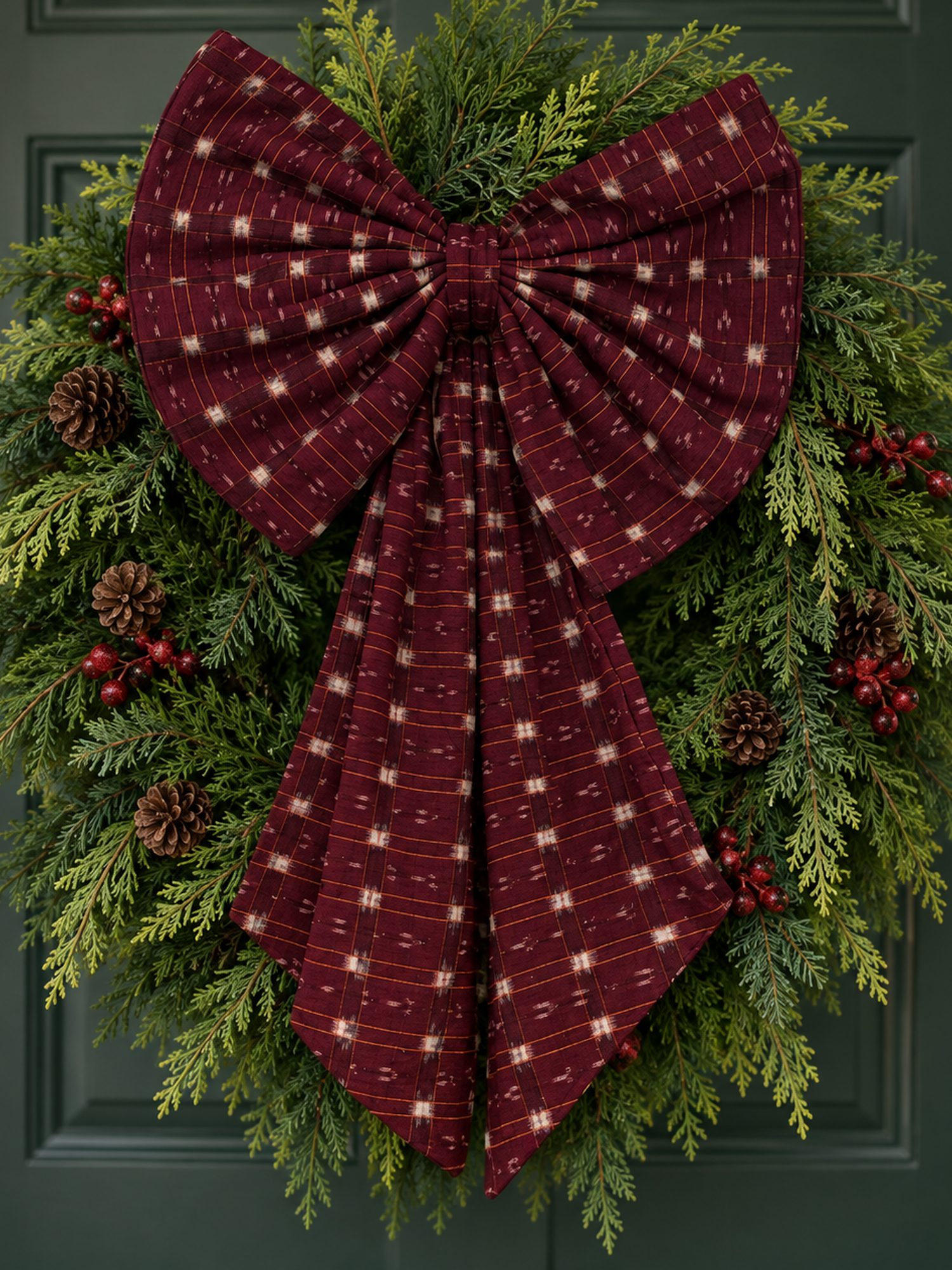 Neela Bow in burgundy with gold dots on a wreath on a green front door