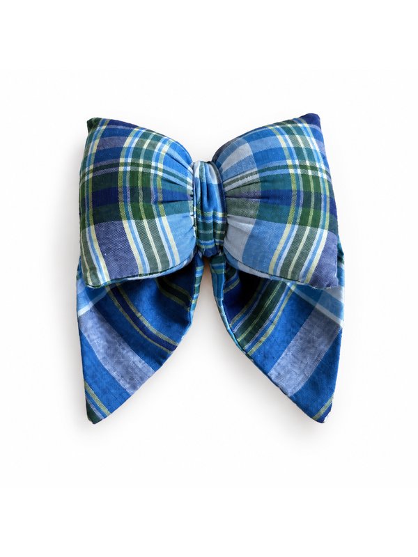 Blue Madras bow, top-down on white
