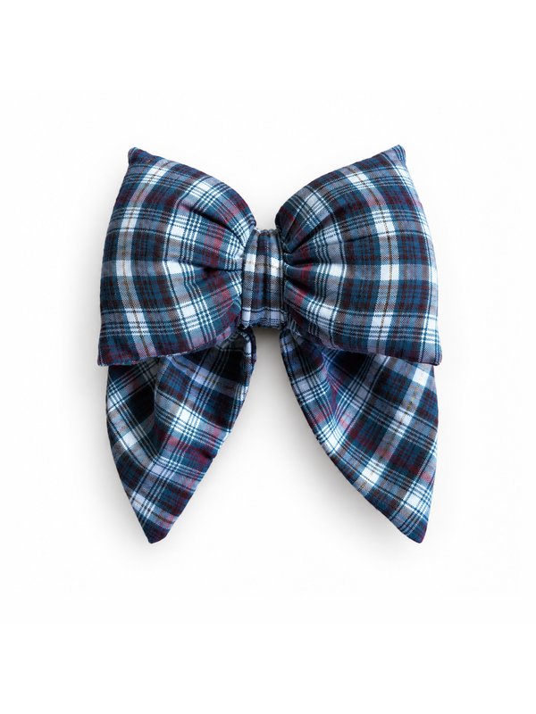 Navy Tartan bow, top-down on white