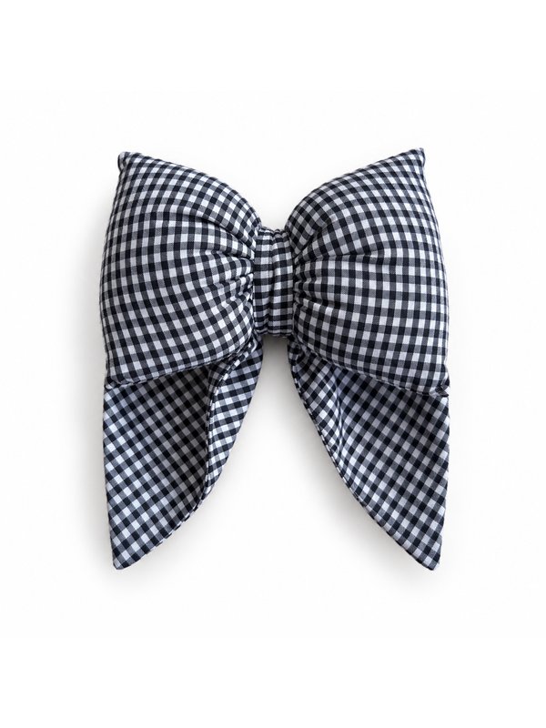 Ink Gingham bow, top-down on white