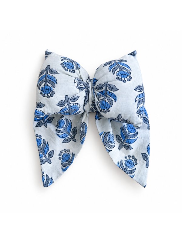 Blue Floral on White bow, top-down on white