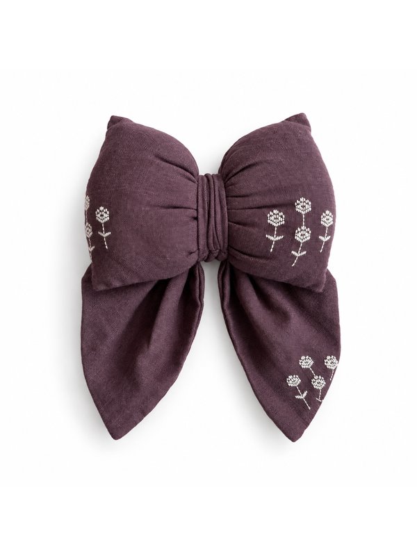 Plum Embroidered bow, top-down on white