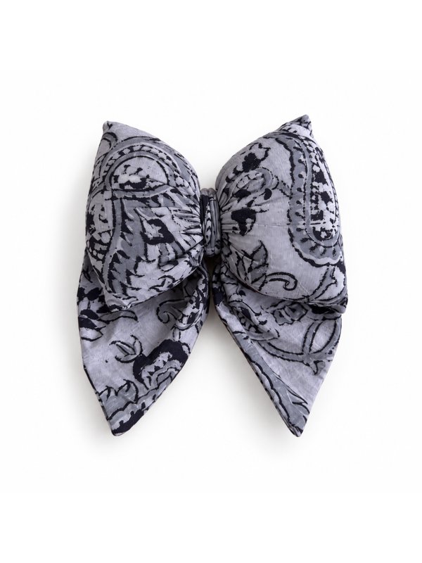 Grey Paisley bow, top-down on white