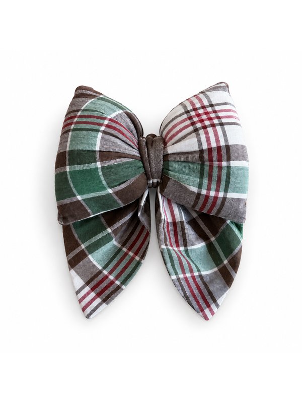 Evergreen Plaid bow, top-down on white