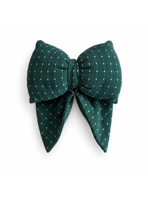 Green Pin Dot bow, top-down on white