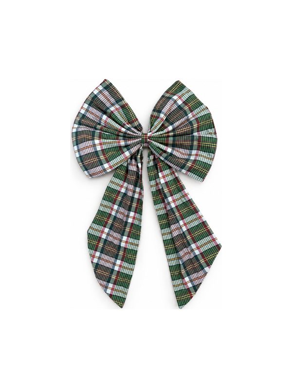 Neela Bow in green and pink plaid, top-down on white