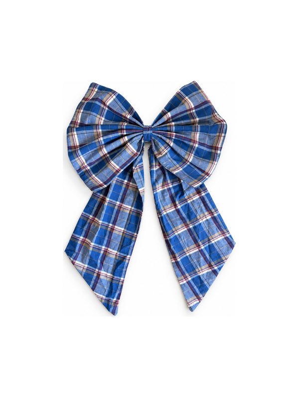 Neela Bow in blue plaid, top-down on white