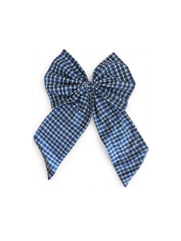 Neela Bow in blue gingham check, top-down on white