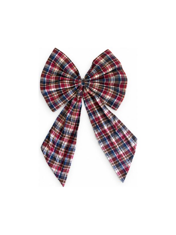 Neela Bow in red tartan, top-down on white