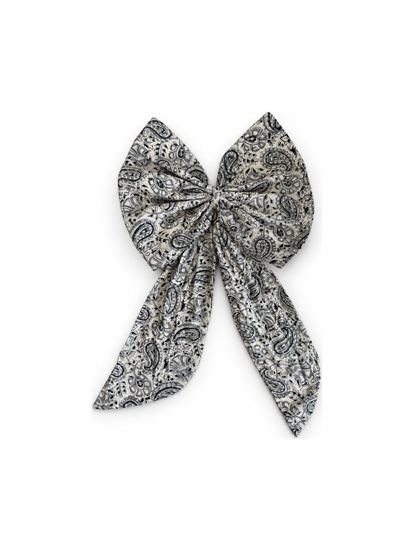 Neela Bow in grey and white paisley, top-down on white