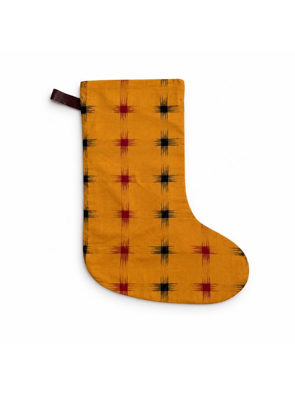 Marigold Star Ikat stocking, top-down on white