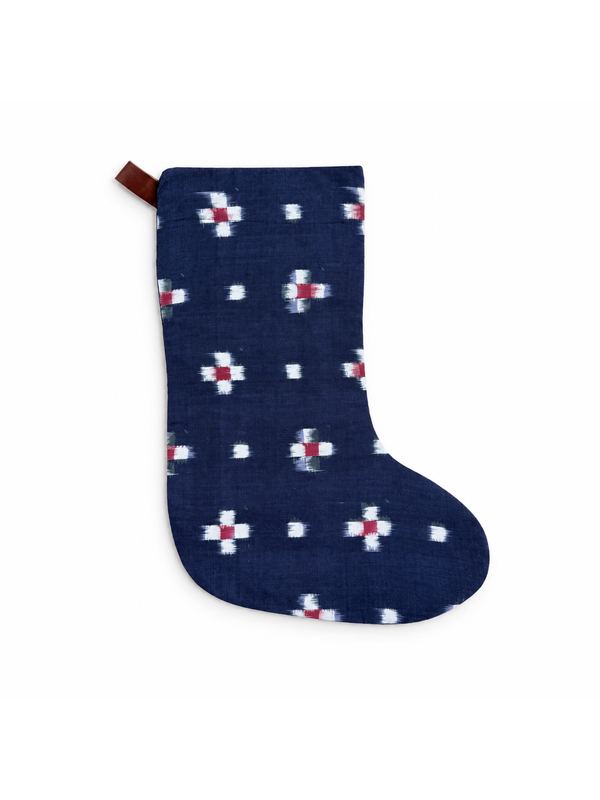 Indigo Flower Ikat stocking, top-down on white