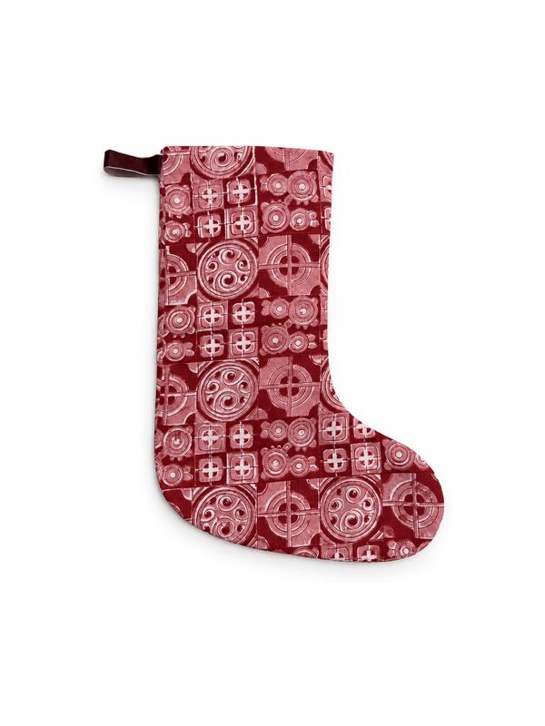 Brick Medallion stocking, top-down on white