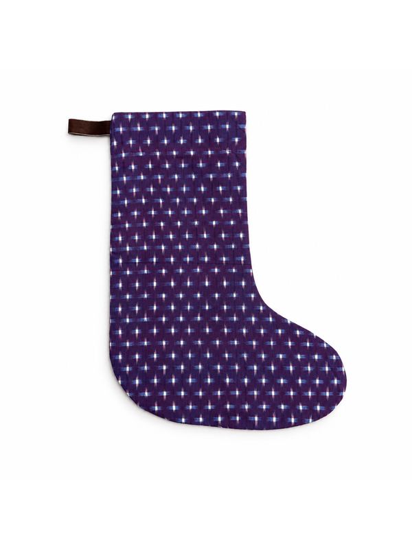 Plum Dot Ikat stocking, top-down on white