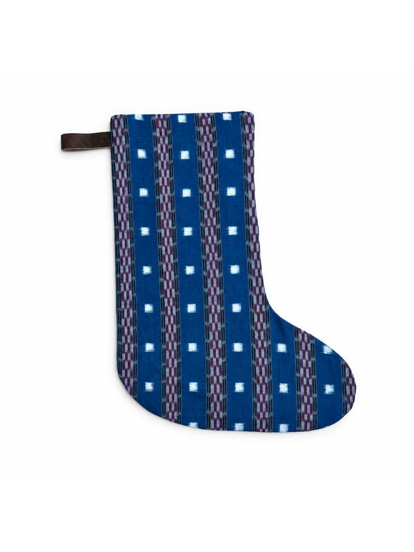 Indigo Stripe Ikat stocking, top-down on white