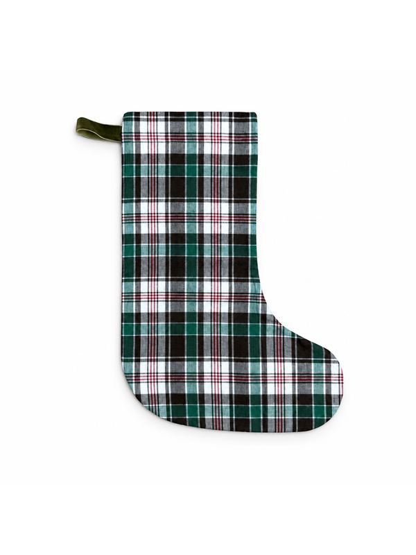 Holly Tartan stocking, top-down on white