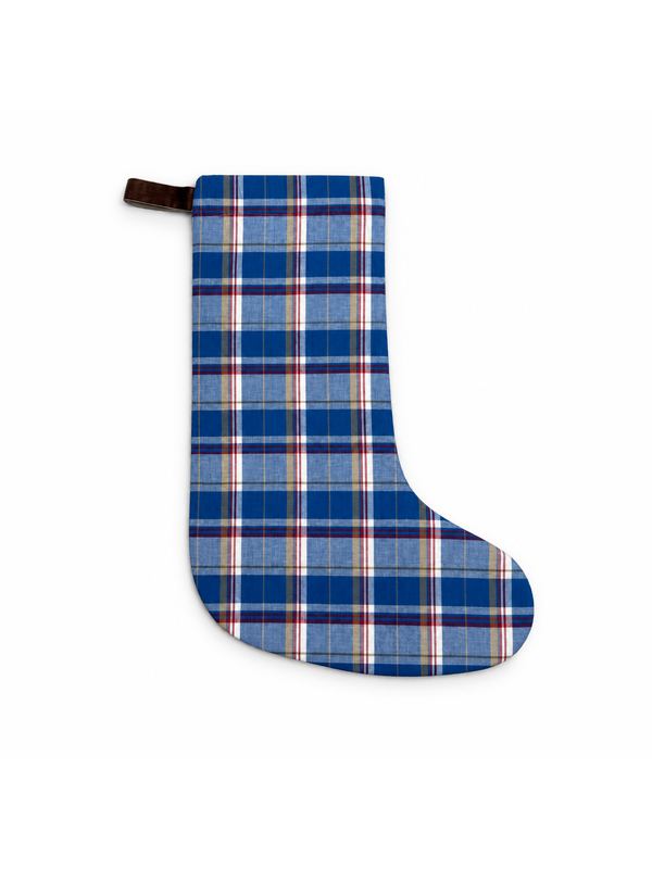 Blue Check stocking, top-down on white